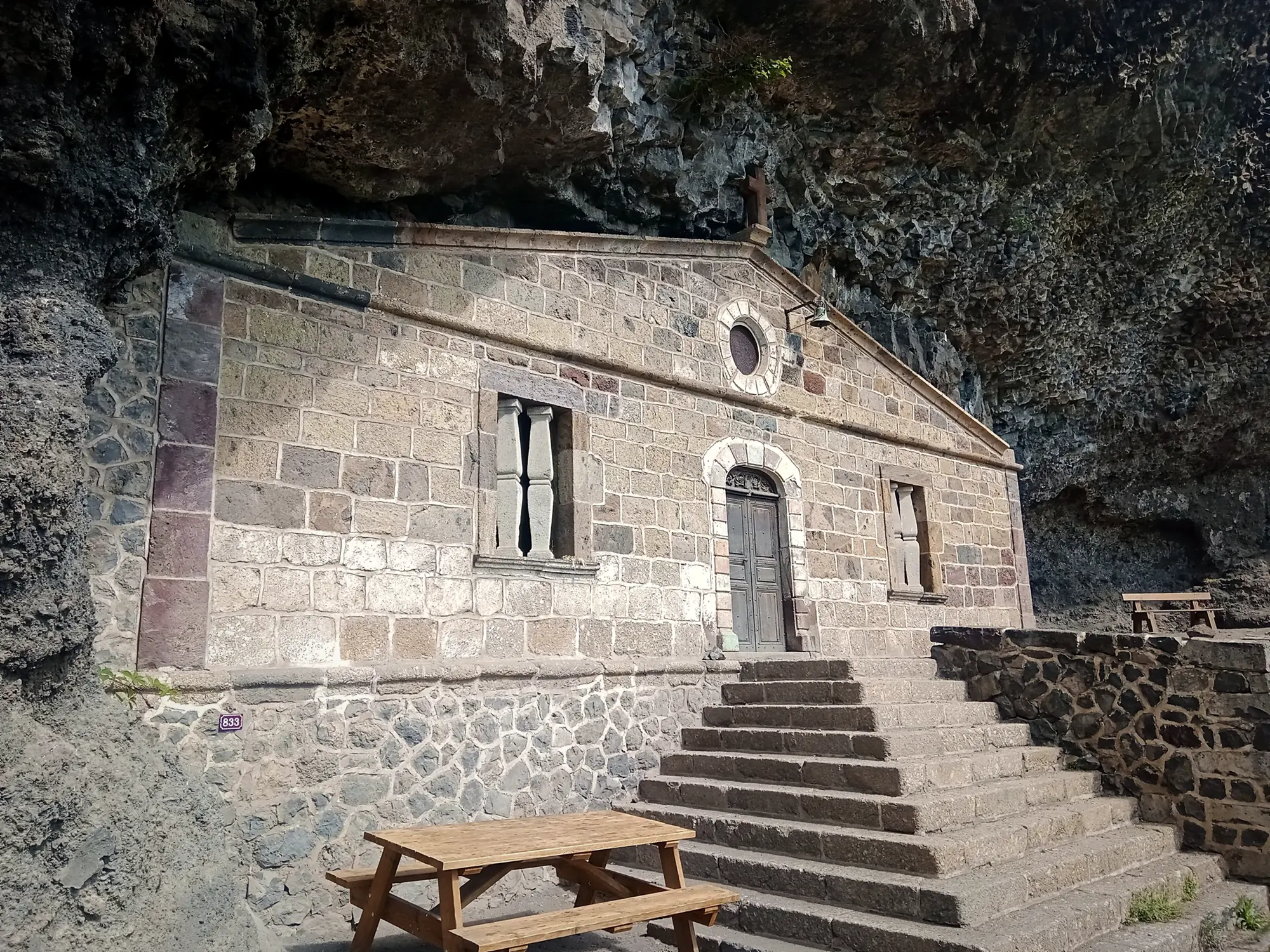 Neoclassical front of the Sainte-Madeleine cave chapel in Monistrol-d'Allier